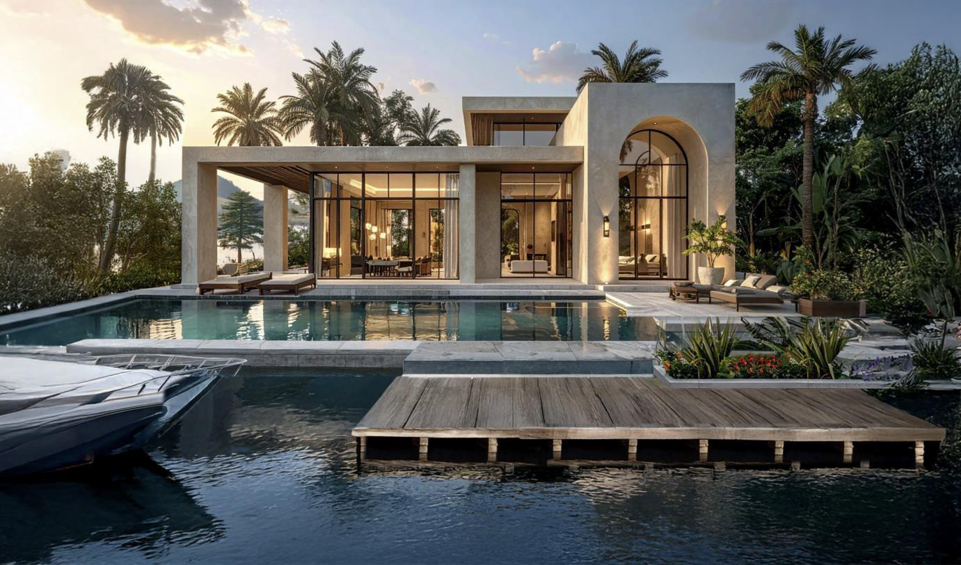 فيلا مع ديك خشبي ممتد فوق المياه